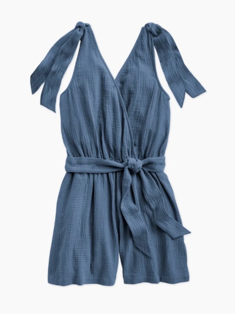 Tied-Shoulder Textured Blue Romper